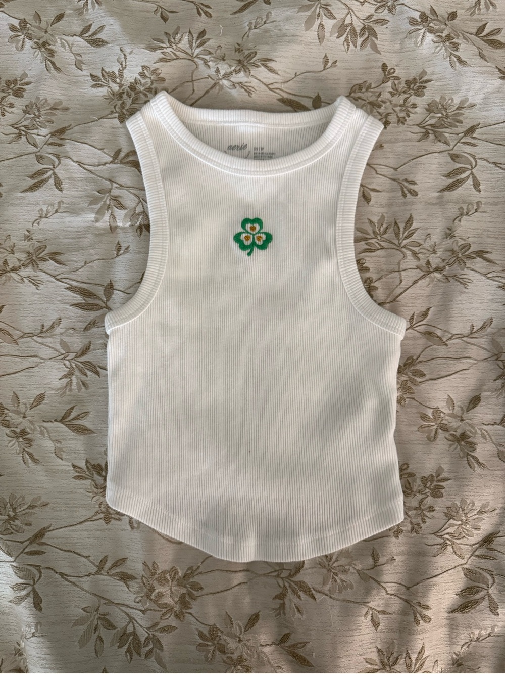 aerie White Ribbed Tank Top with Green Clover Patch